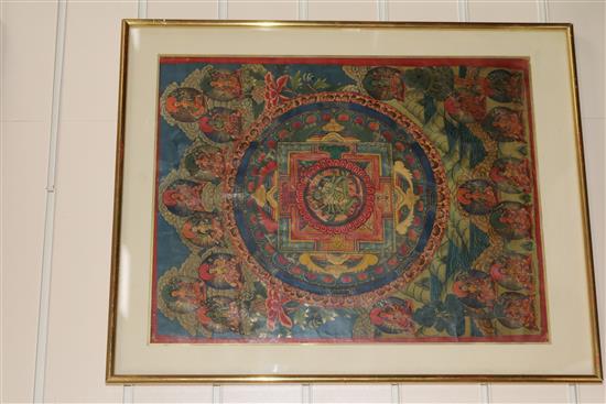 A Chinese landscape painting, a picture of huntsmen and a painted silk thangka Largest 81 x 44cm.
